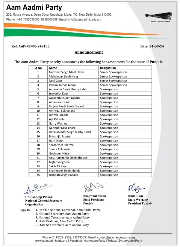आम आदमी पार्टी पंजाब ने वक्ताओं की घोषणा कर दी है